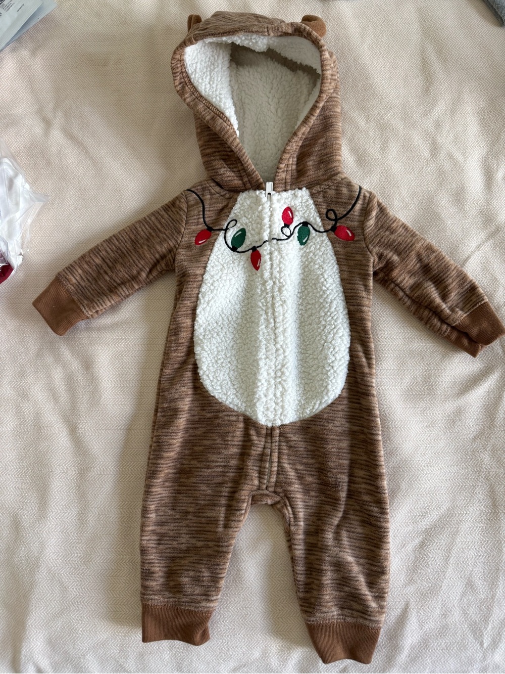 Carter's Brown Sherpa-Front Holiday Light Baby reindeer One-Piece